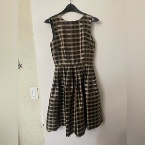 Tahari ASL Black and Gold Pleated Midi Dress